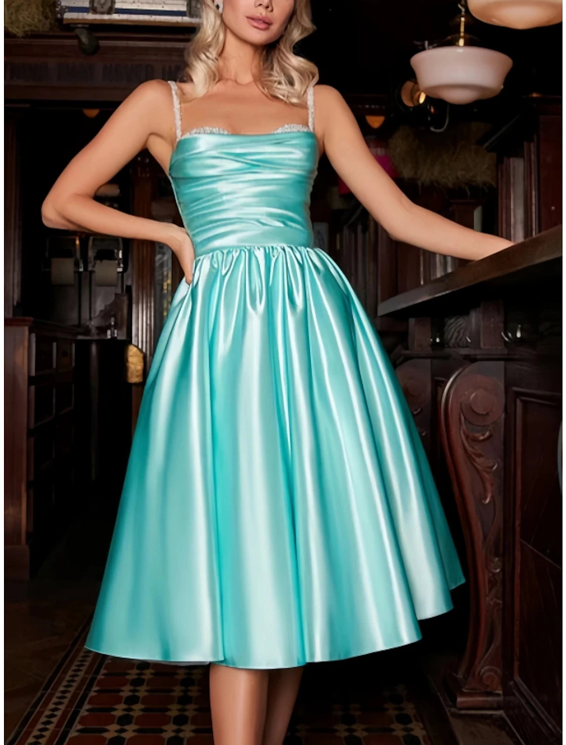 Abiti da cocktail a trapezio, abiti da festa, abiti da sposa, invitati, lunghezza al ginocchio, senza maniche, spalline sottili, in raso con pieghe, arricciato, paillettes